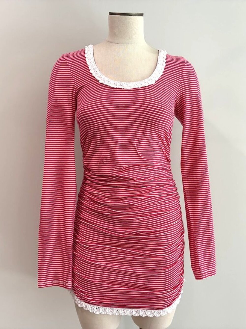 NWT Anthropologie Daily Practice Striped Ruched Mini Dress Lace Trim Small